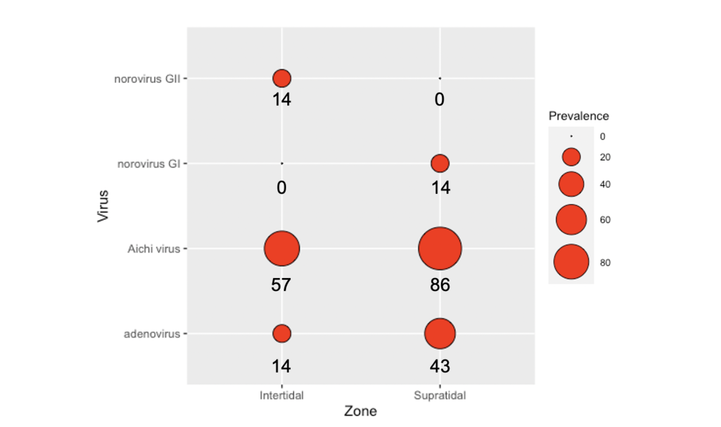 Figure: Distribution of RNA or DNA of Viruses in Beach Sands showing the Distribution between the Intertidal (swash) and Supratidal (just above the high tide line) Zones.  The size of the red circle represents the proportion of samples that detected positive for the genetic material of each virus.