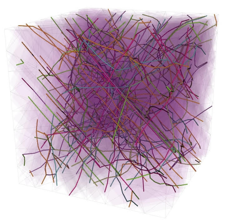Discrete Dislocation Dynamics (DDD) simulation of hardening in refractory metal W. DDD is a continuum method able to predict the mechanical response of crystalline materials at the mesoscale without atomistic resolution. Lines defects known as dislocations are tracked discretely and their motion carries plastic deformation.